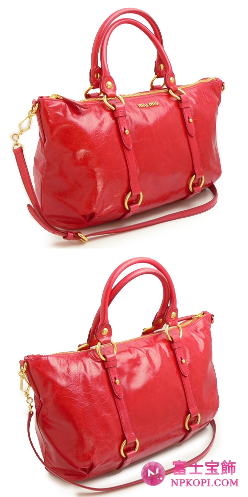 ミュウミュウ MIUMIU トートバッグ/ショルダーバッグ 2WAY ストラップ付き ヴィンテージ調 レザー レッド（LACCA） RN0621 VITELLO SHINE LACCA